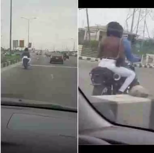 Weyrey Re O!! Topless Lady Spotted On A Motorbike Along Lekki Expressway In Lagos (See Photo)